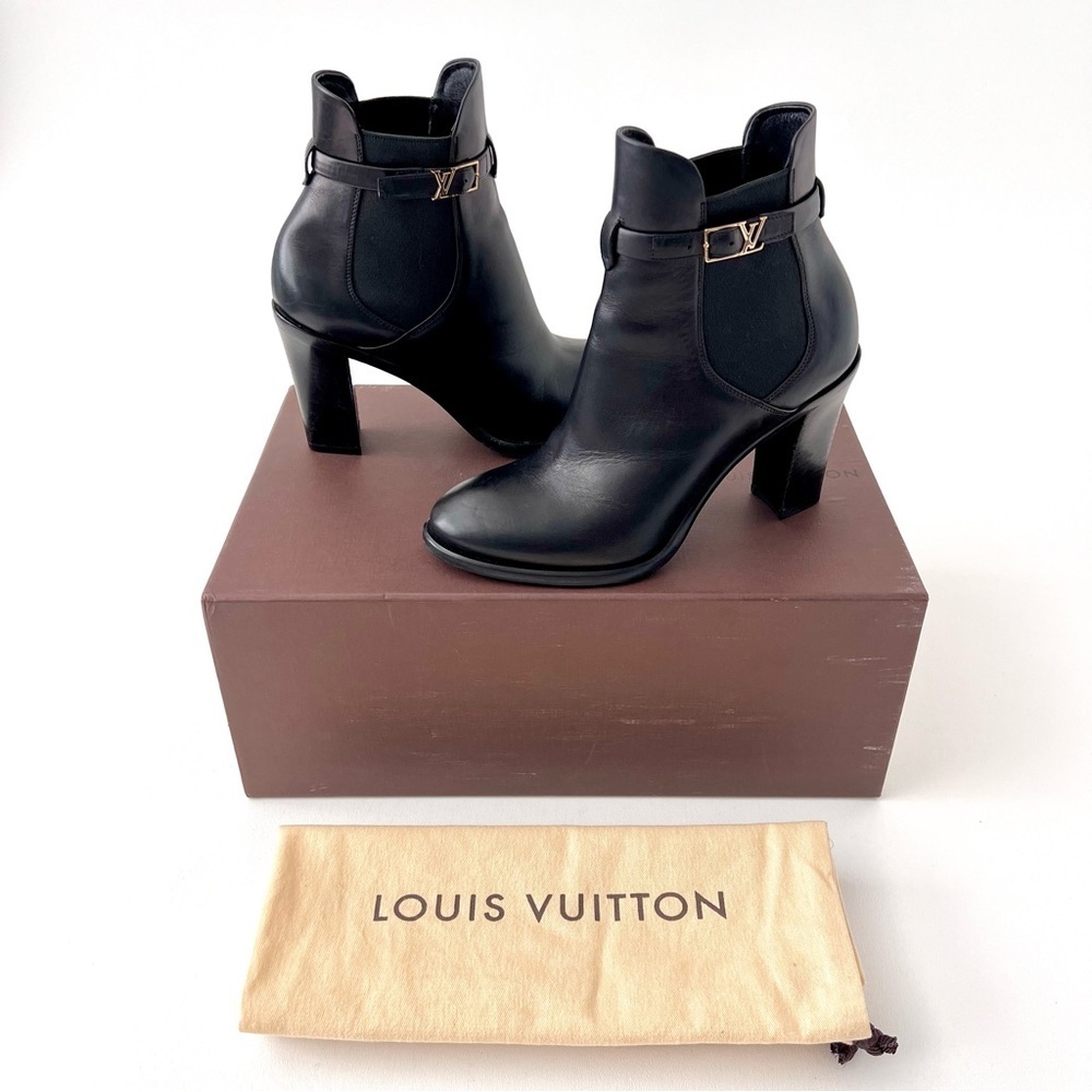 LOUIS VUITTON | Black Leather Ankle Booties LV Logo Buckle Block Heel EU 37 - Picture 1 of 15